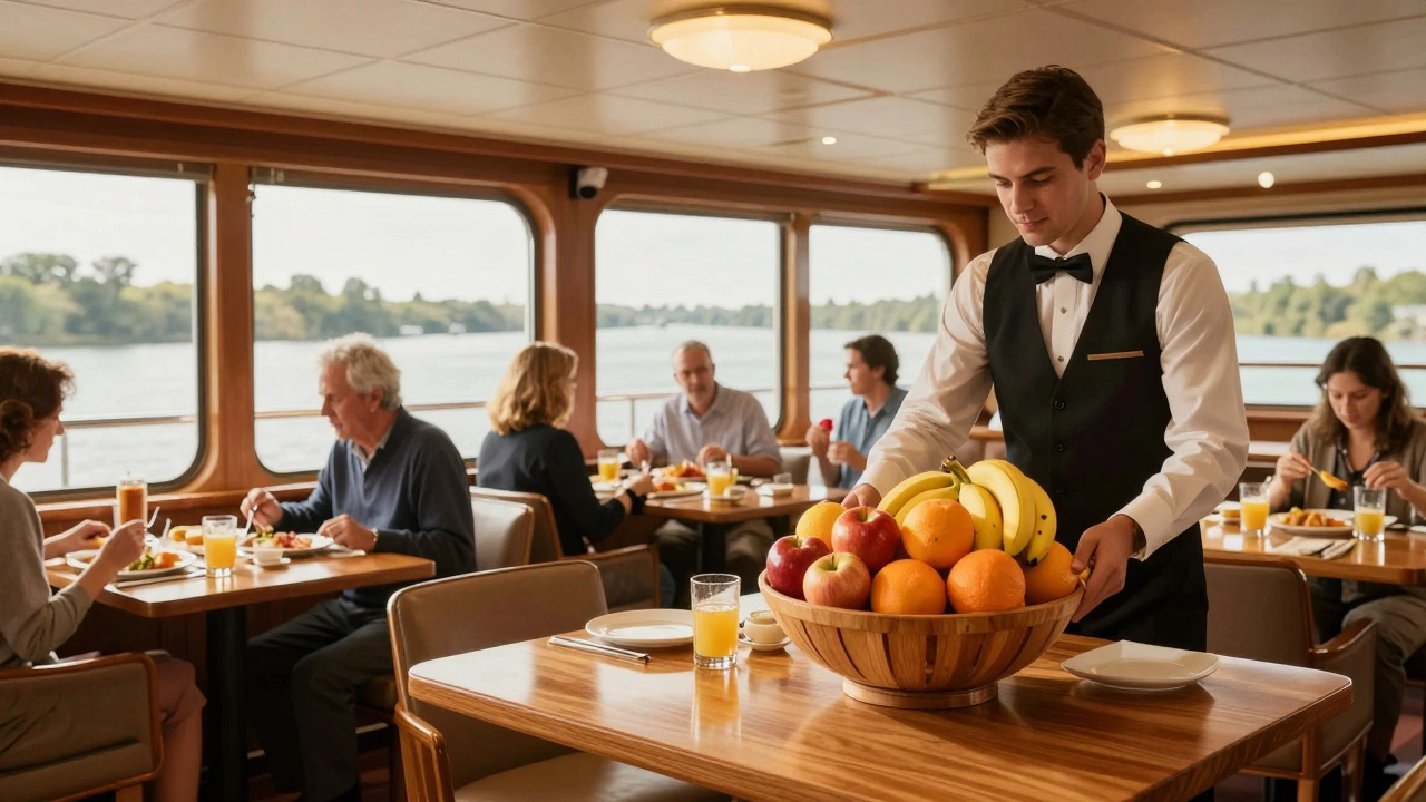 Завтрак на борту речного круиза: свежие фрукты в деревянной корзине подают официанты.