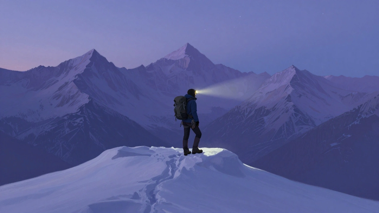 Альпинист на заснеженной вершине гор в сумерках