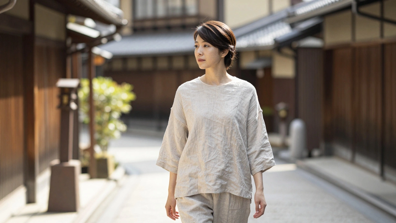 Японка в минималистичном стиле на фоне традиционной улицы Киото