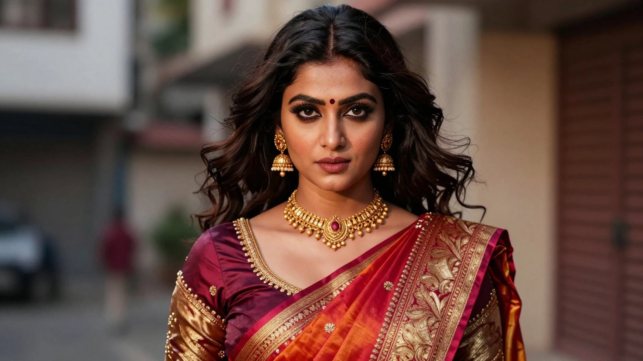 Индийская женщина в ярком сари с выразительным взглядом и роскошными волосами