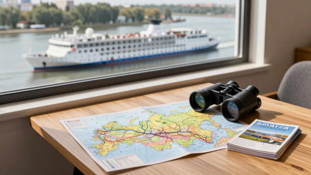 Карта рек России и аксессуары для путешествий на столе у окна с видом на порт