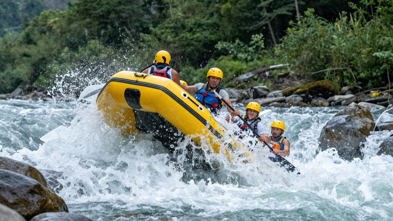 Команда рафтинга преодолевает бурный порог горной реки