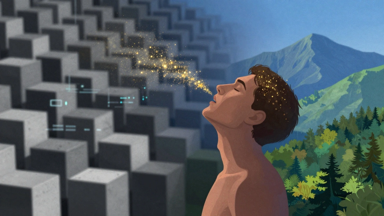 Концептуальное изображение перехода от городского стресса к спокойствию в горах