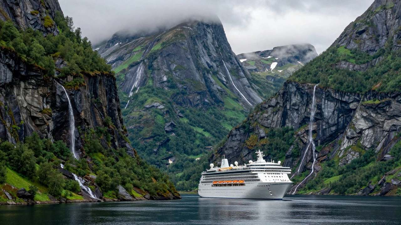 Круизный лайнер в окружении величественных зеленых скал и водопадов норвежского фьорда