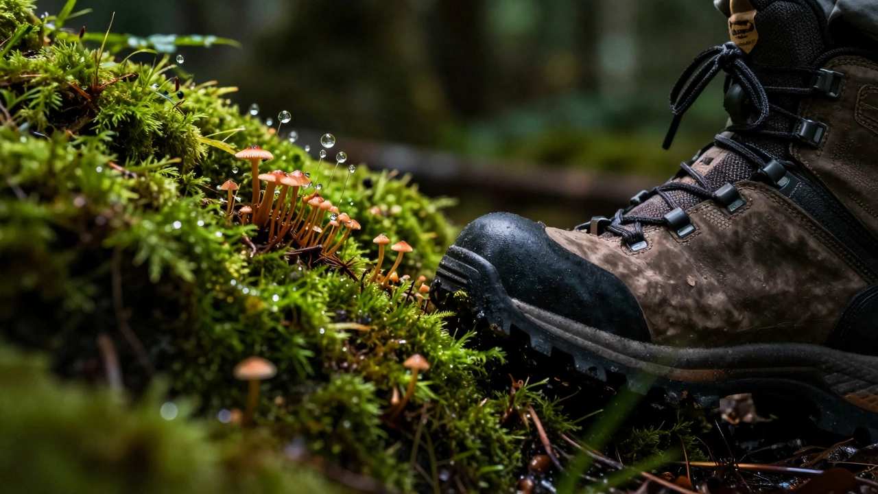 Крупный план хрупкого лесного мха и подошвы ботинка, символизирующий вред от захода за тропу