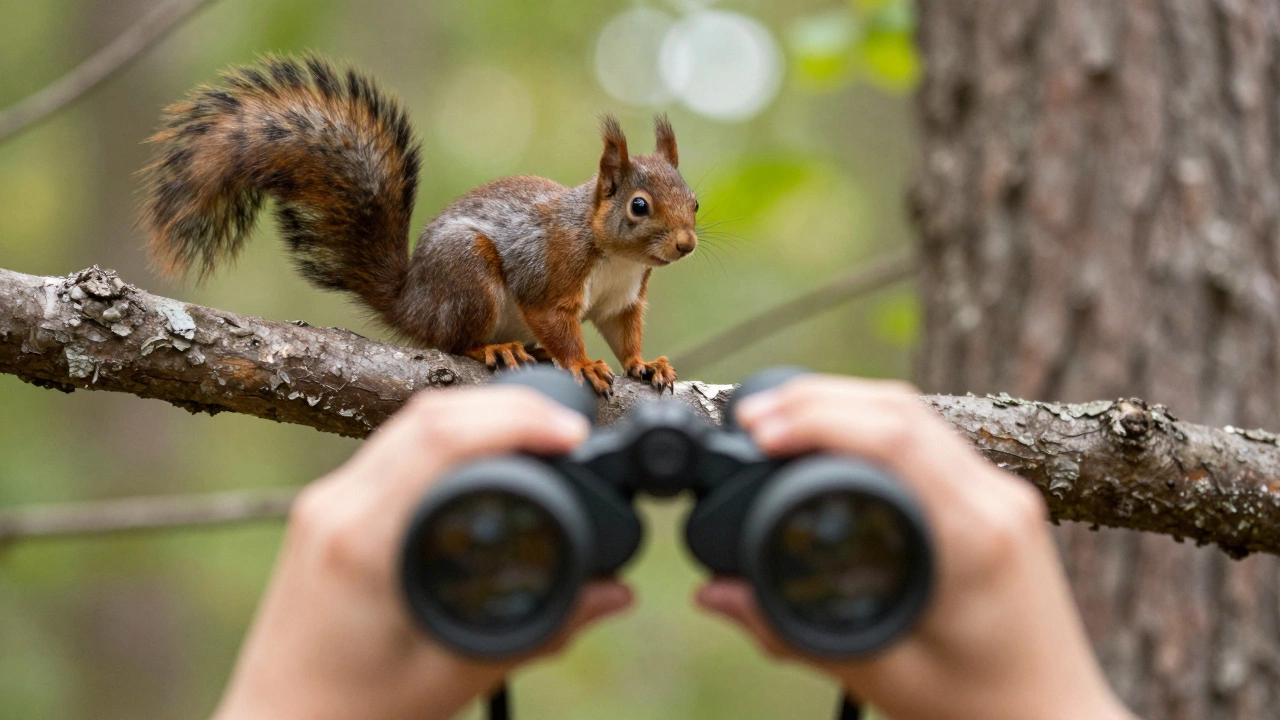 Наблюдение за белкой в лесу через бинокли с большого расстояния