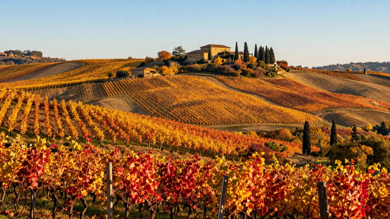 Осенние виноградники Тосканы в золотых и багряных тонах