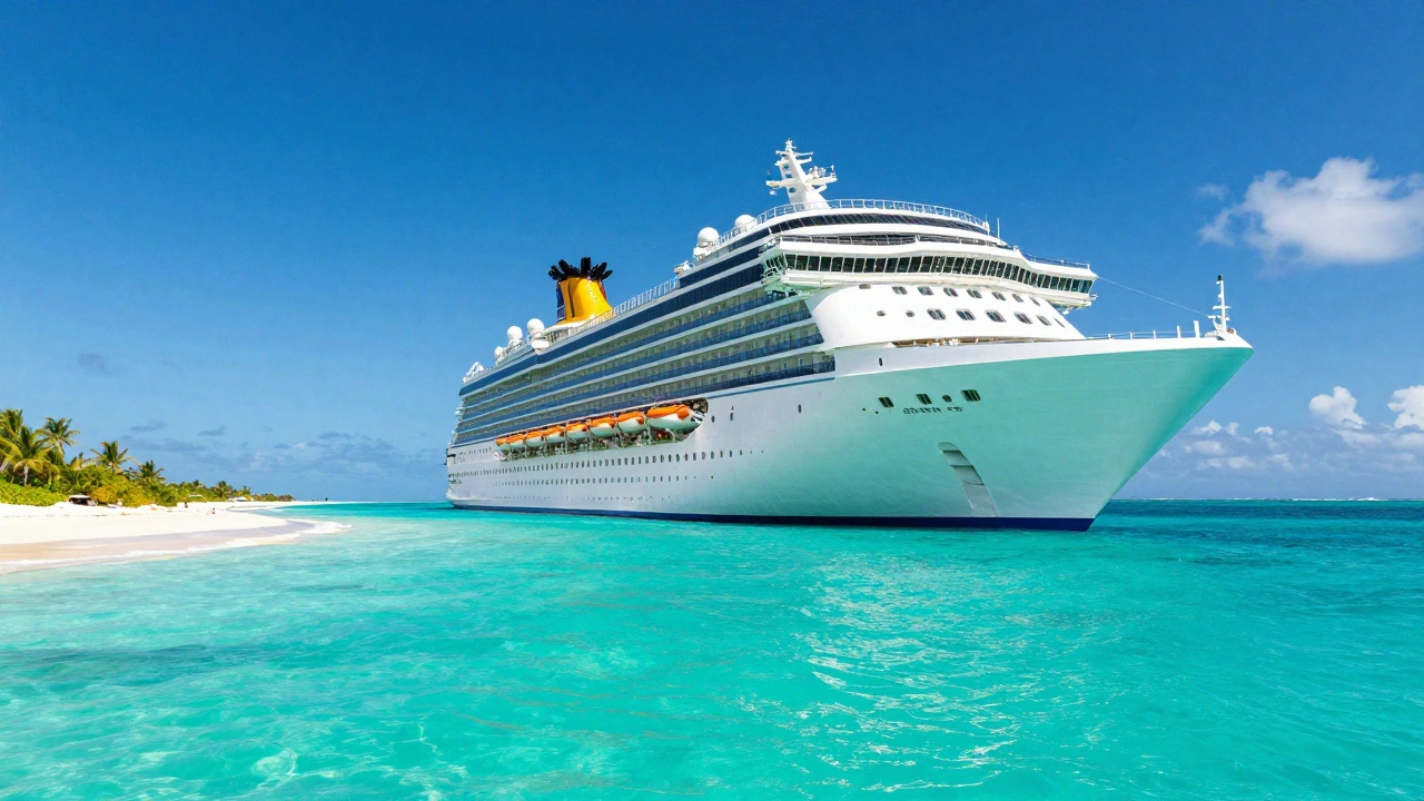 Роскошный круизный корабль в бирюзовых водах Карибского бассейна с белым пляжем