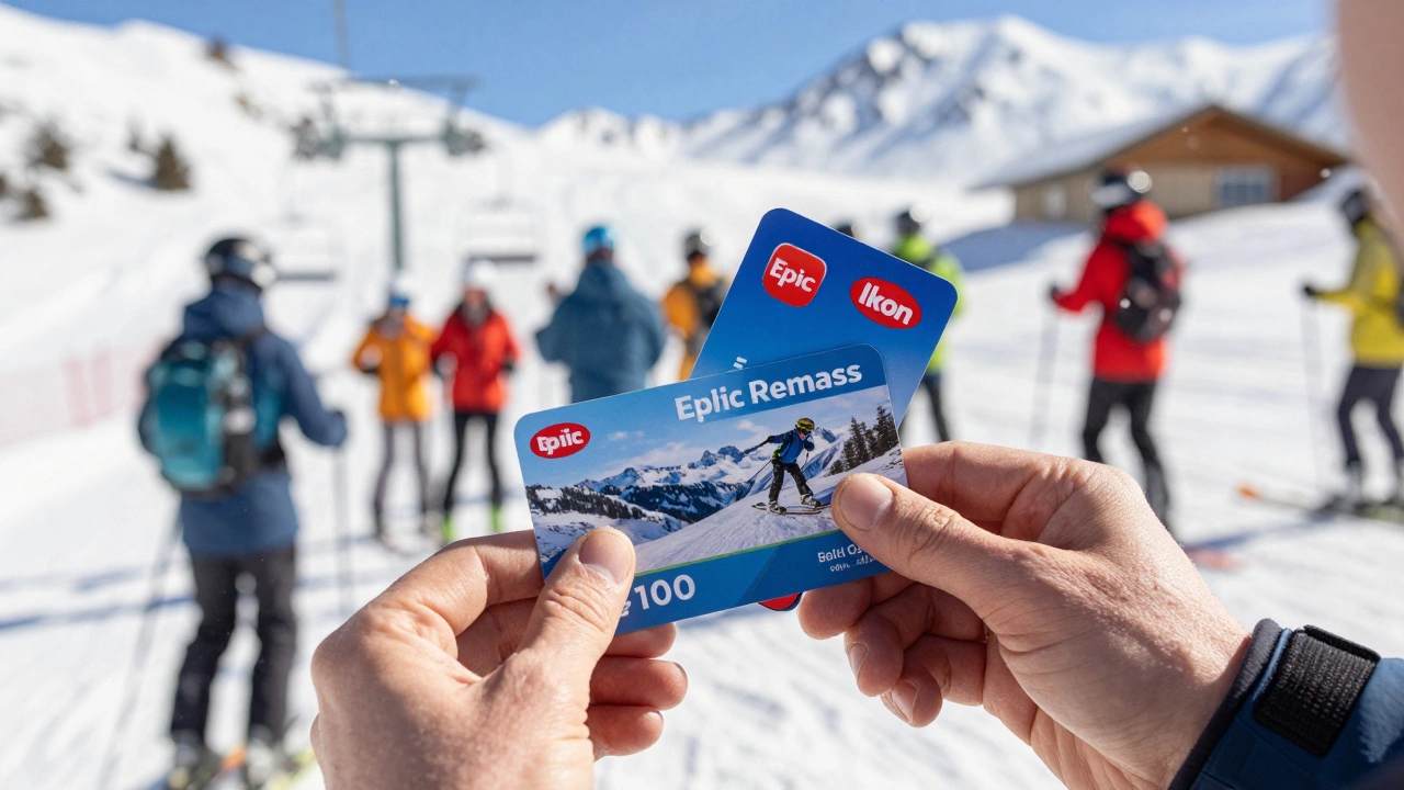 Рука держит многокурортный ски-пасс на фоне горнолыжного подъемника