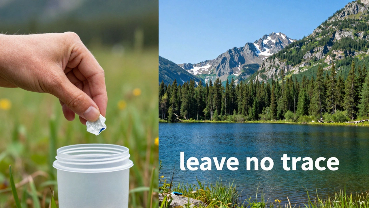 Рука убирает мусор в контейнер на фоне чистого природного заповедника