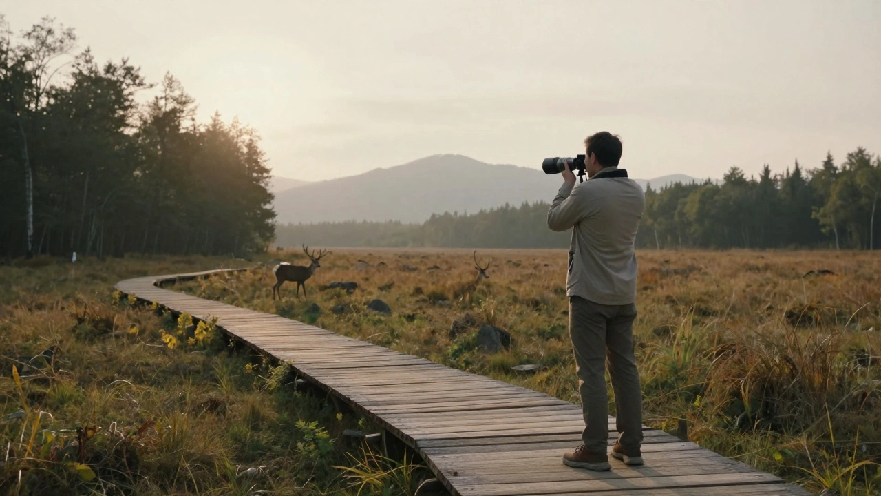 Турист в одежде нейтральных тонов фотографирует дикого оленя издалека, стоя на экотропе