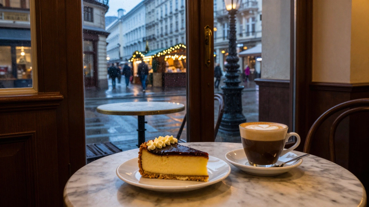 Венский кофехаус с тортом Захер и видом на дождливый город