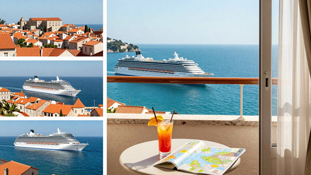 Вид с балкона каюты на средиземноморский город и море