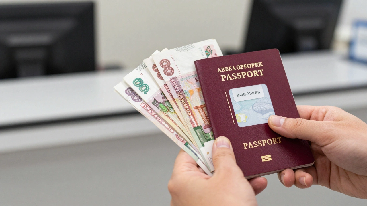 Руки держат рубли и паспорт для поездки в Россию