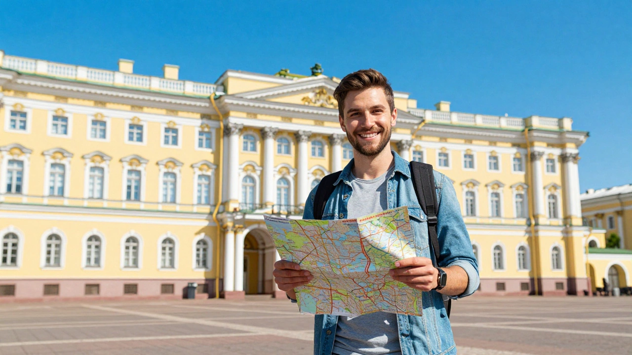 Турист улыбается перед Эрмитажем в Санкт-Петербурге