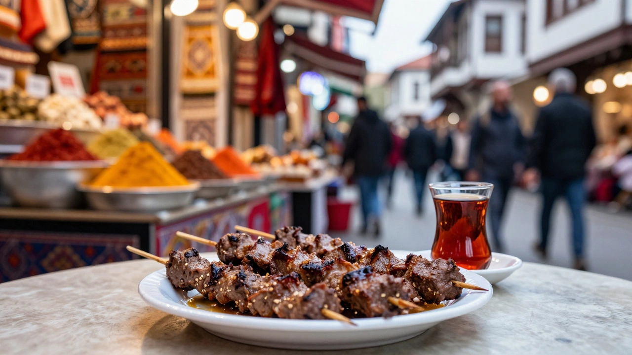 Вкусная еда и чай на столе в турецком базаре