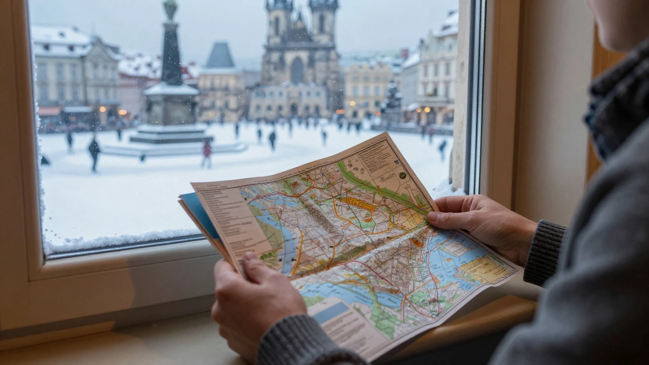 Traveler planning a trip by a window overlooking a snowy historic square